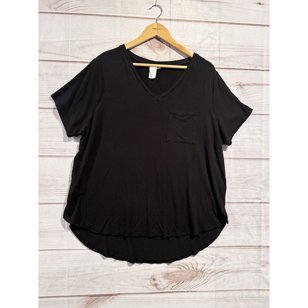 Adyson Parker Size 1X Women's Black T-shirt With Front Pocket Shirttail - Picture 2 of 6